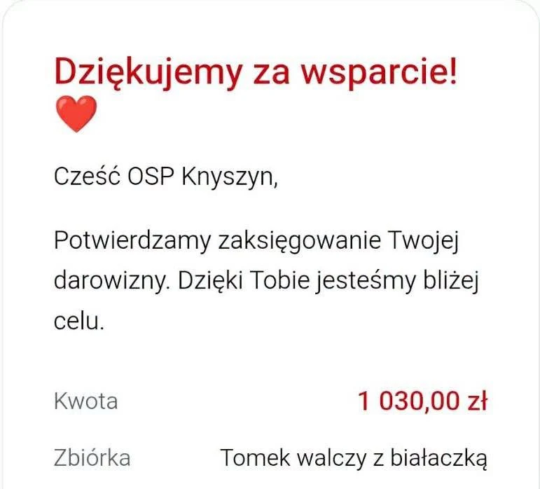 Strażacy wspierają Tomka z MDP chorego na białaczkę